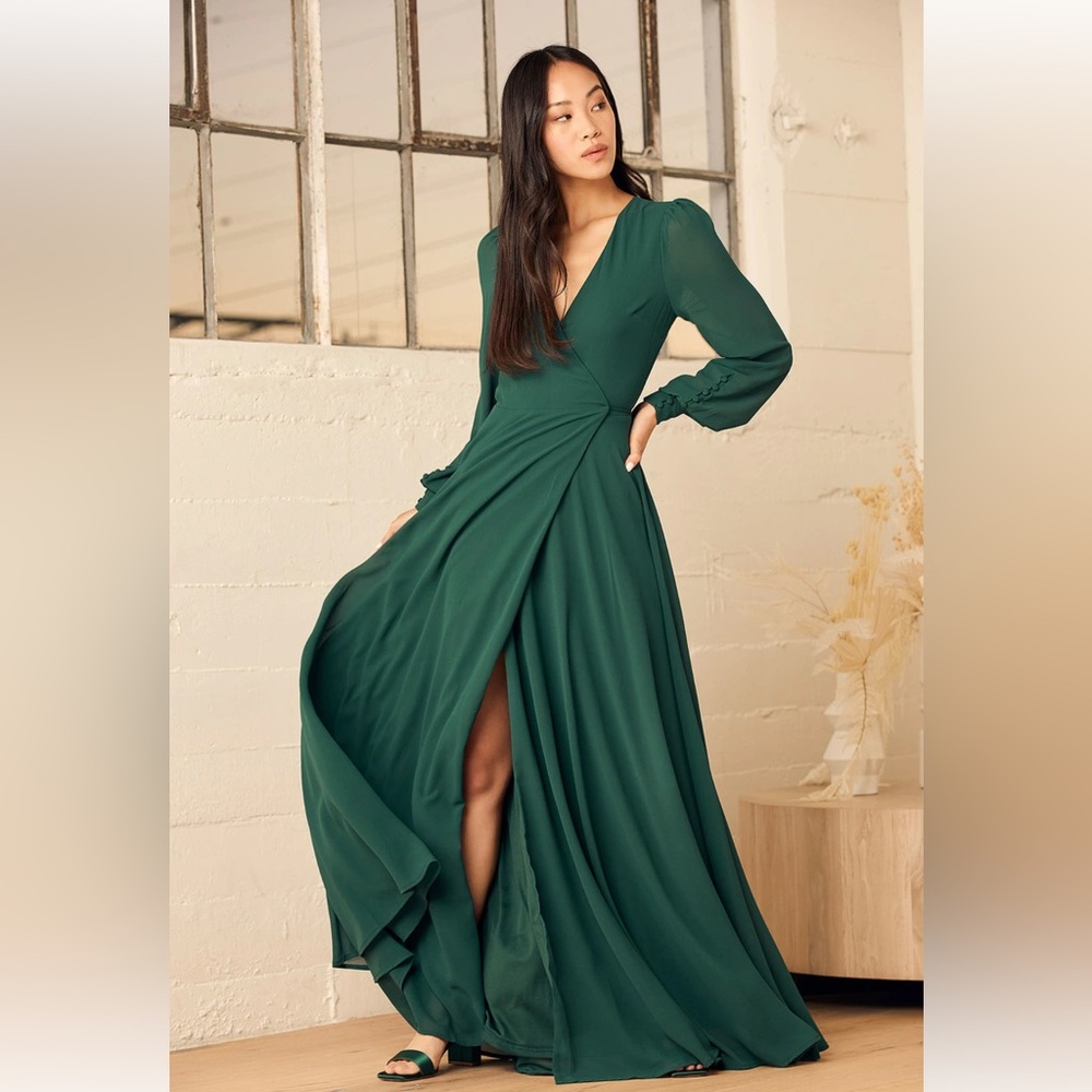 Lulu's Emerald Green Long Sleeve Wrap Maxi Dress